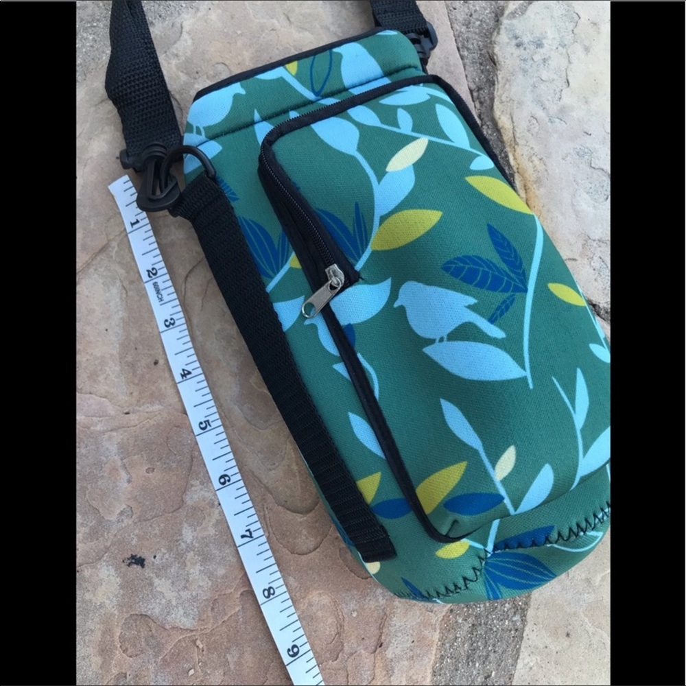 SOLD OUT.        Neoprene Water Bottle & Phone Holder Blue Green Birds Print New - Picture 12 of 16